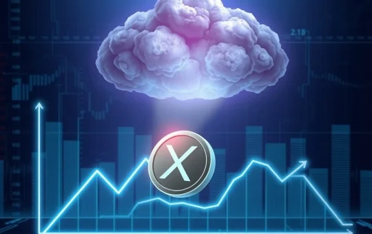 XRP coin sliding down a graph with regulatory risks clouding its outlook