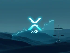 Dynamic XRP price chart showing a surge and drop, with institutional connections and regulatory scales in the background, illustrating XRP's market volatility.