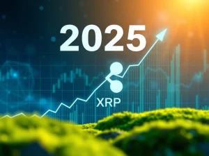 An upward trending chart with the XRP Ripple logo, symbolizing the projected price increase and market growth for XRP in 2025.