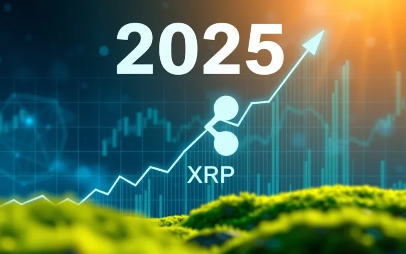 An upward trending chart with the XRP Ripple logo, symbolizing the projected price increase and market growth for XRP in 2025.