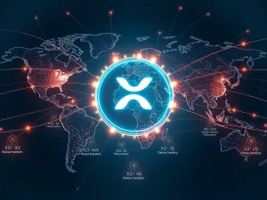 An abstract representation of XRP as the core of a secure, high-speed global financial infrastructure, powered by Ripple's patented Temporary Consensus Subnetworks.