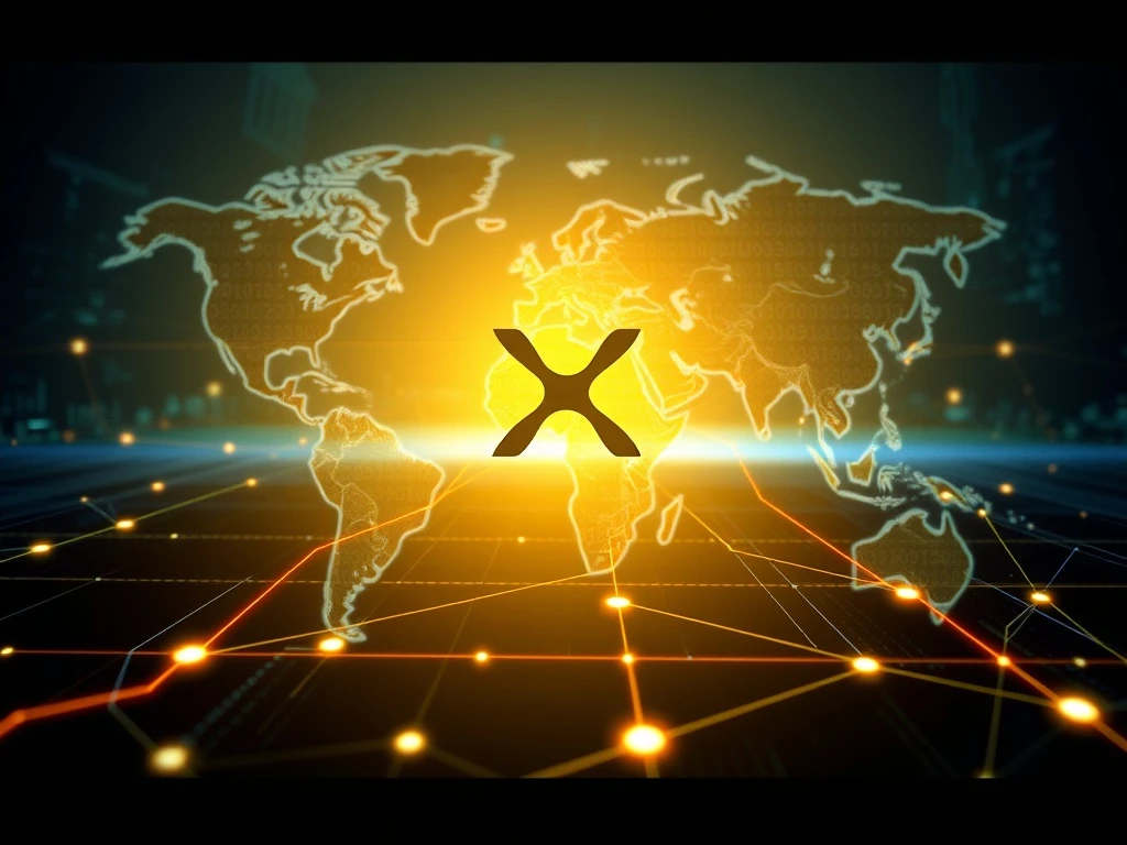 An abstract image showing XRP digital currency flowing into a global financial network, symbolizing Ripple's role in financial stability and academic recognition.