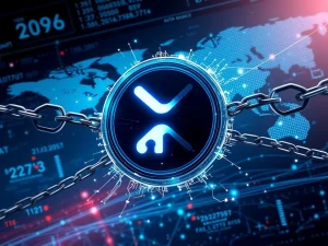 XRP symbol disrupting a legacy SWIFT network, symbolizing Ripple's ambition to revolutionize global cross-border payments.