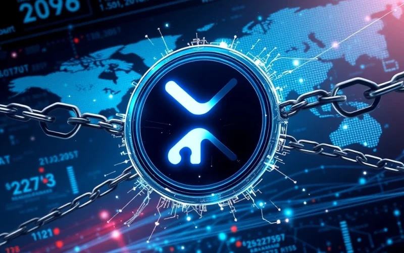 XRP symbol disrupting a legacy SWIFT network, symbolizing Ripple's ambition to revolutionize global cross-border payments.