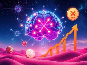 Ruvi AI token and XRP symbols on a chart with an upward trend, representing the explosive growth of AI crypto presales.