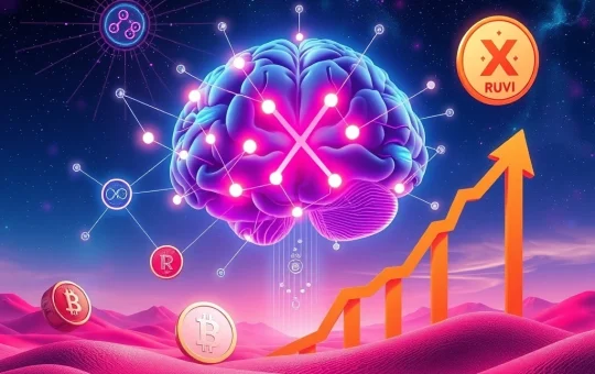 Ruvi AI token and XRP symbols on a chart with an upward trend, representing the explosive growth of AI crypto presales.