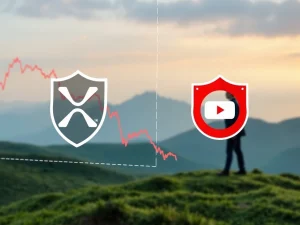 XRP price chart dropping with a warning shield against digital scams, symbolizing Ripple's urgent scam alert amidst market volatility.