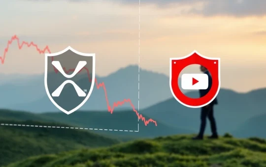 XRP price chart dropping with a warning shield against digital scams, symbolizing Ripple's urgent scam alert amidst market volatility.