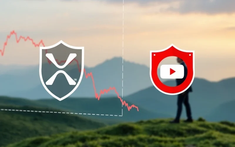 XRP price chart dropping with a warning shield against digital scams, symbolizing Ripple's urgent scam alert amidst market volatility.