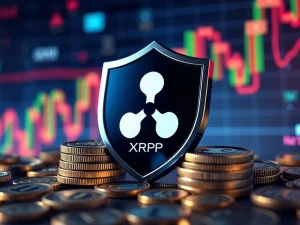 A digital shield protecting XRP coins from online scam threats, symbolizing security amidst the XRP price surge.