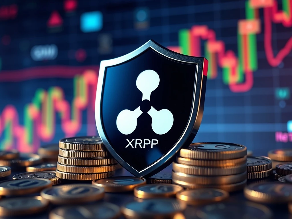 A digital shield protecting XRP coins from online scam threats, symbolizing security amidst the XRP price surge.