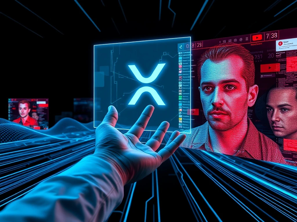A visual representation of digital security threats targeting XRP, highlighting the danger of AI-enhanced YouTube scams.