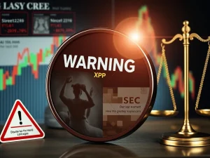 XRP Scams warning with deepfake elements, representing Ripple's urgent alert amidst price volatility and SEC legal battle.