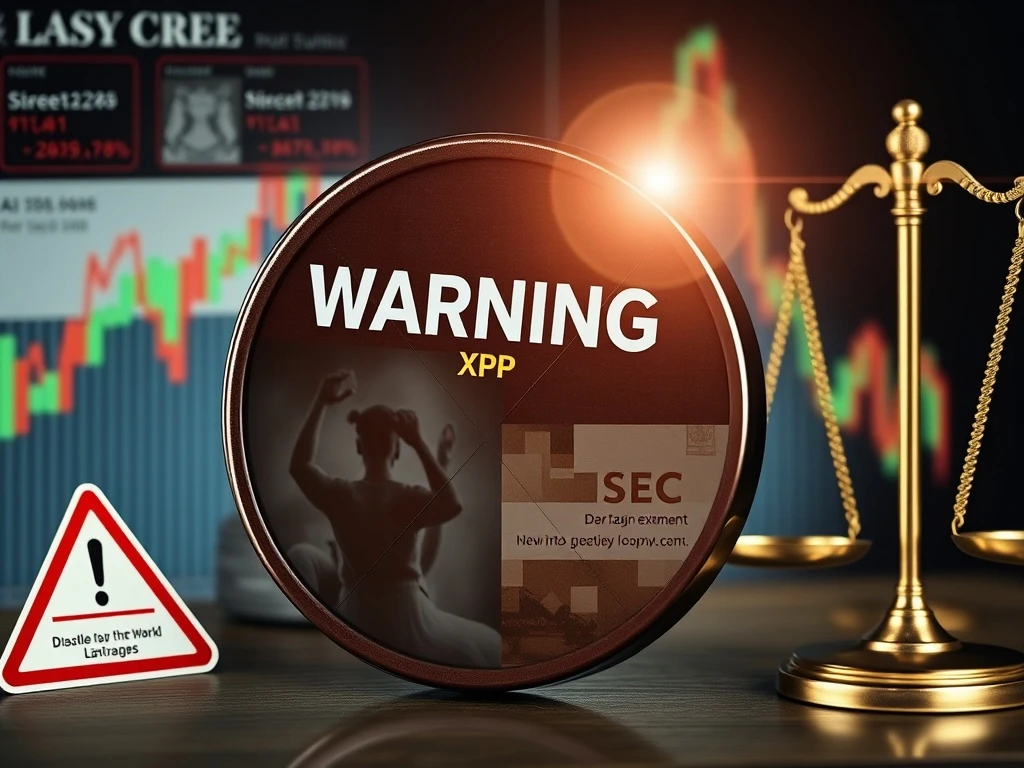 XRP Scams warning with deepfake elements, representing Ripple's urgent alert amidst price volatility and SEC legal battle.
