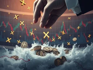 An illustration depicting the potential for significant XRP sell pressure as large amounts of tokens are moved to exchanges, highlighting market volatility.