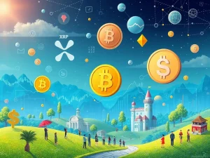 XRP News Today: Digital representation of XRP, Dogecoin, and DeSoc symbols connected by blockchain lines, illustrating sub-$1 crypto growth and institutional adoption.
