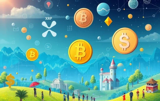 XRP News Today: Digital representation of XRP, Dogecoin, and DeSoc symbols connected by blockchain lines, illustrating sub-$1 crypto growth and institutional adoption.