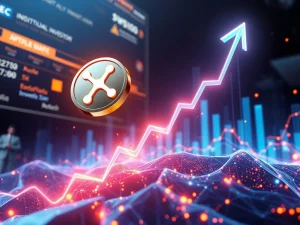 XRP coin surging with glowing graphs symbolizing explosive growth and institutional demand