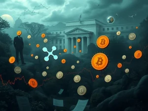 Charts showing an XRP surge amidst market volatility, influenced by political and AI policy decisions, highlighting crypto uncertainty.