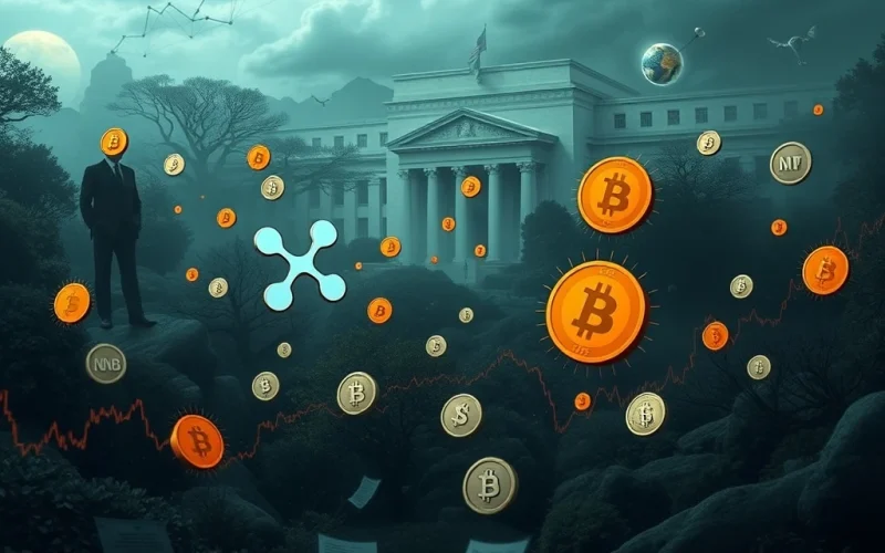 Charts showing an XRP surge amidst market volatility, influenced by political and AI policy decisions, highlighting crypto uncertainty.