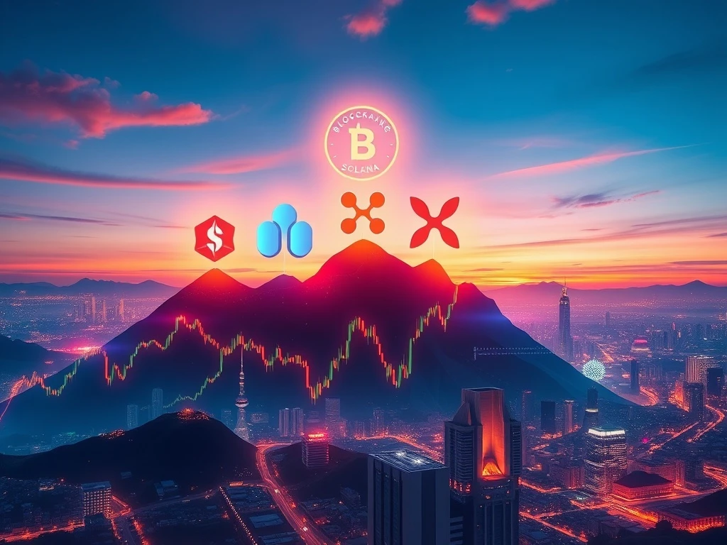 Illustrates the promising future of XRP and other top crypto picks for 2025, highlighting BlockDAG, Solana, and BONK's growth potential.