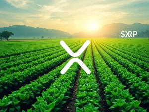 A digital representation of an agtech firm's growth, with XRP symbols integrated into a financial chart, illustrating Nature's Miracle's groundbreaking XRP Treasury program and its impact on corporate crypto adoption.