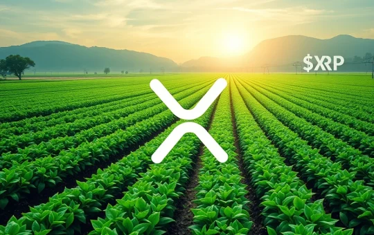 A digital representation of an agtech firm's growth, with XRP symbols integrated into a financial chart, illustrating Nature's Miracle's groundbreaking XRP Treasury program and its impact on corporate crypto adoption.