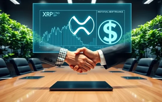 Nature's Miracle executive shaking hands over a holographic XRP chart, symbolizing groundbreaking institutional XRP adoption and SEC compliance in corporate treasury.