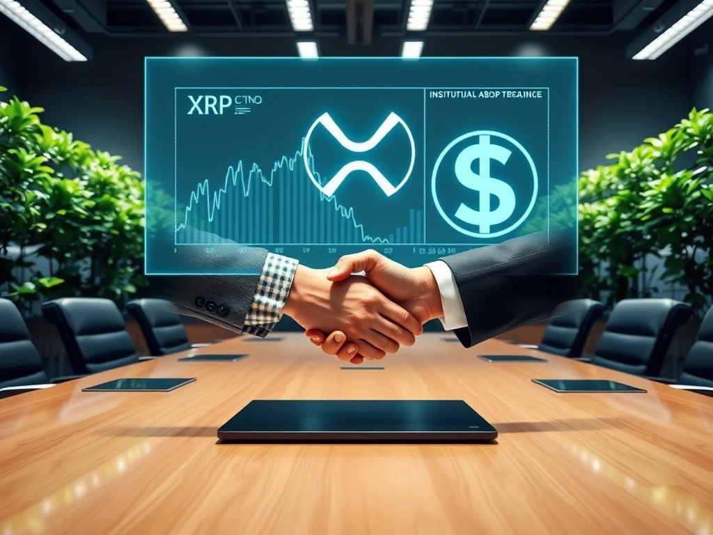 Nature's Miracle executive shaking hands over a holographic XRP chart, symbolizing groundbreaking institutional XRP adoption and SEC compliance in corporate treasury.