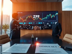 A corporate executive shaking hands over a table with digital assets flowing, representing Nature's Miracle's groundbreaking XRP Treasury adoption.