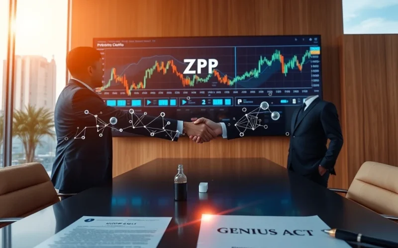A corporate executive shaking hands over a table with digital assets flowing, representing Nature's Miracle's groundbreaking XRP Treasury adoption.