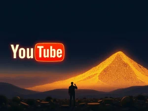YouTube Valuation: A silhouette stands before a vast, glowing YouTube logo, contemplating the massive missed $550 billion opportunity after the Google acquisition.