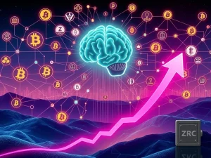 An AI-powered network demonstrating Zircuit AI Trading, connecting various blockchains and showing a significant ZRC surge.