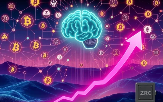 An AI-powered network demonstrating Zircuit AI Trading, connecting various blockchains and showing a significant ZRC surge.