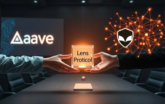 Visual metaphor for Aave's strategic refocus on DeFi and the handover of Lens Protocol to Mask Network.