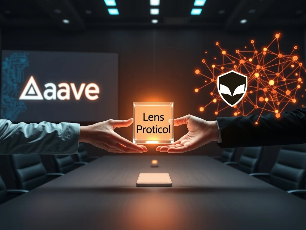 Visual metaphor for Aave's strategic refocus on DeFi and the handover of Lens Protocol to Mask Network.