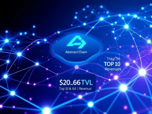 Abstract Chain blockchain network visualization showing data flow and revenue metrics surpassing Avalanche and Near Protocol