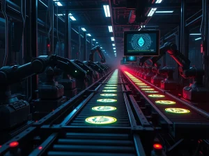 AI-powered industrial-scale crypto theft factory processing digital currency with deepfake technology