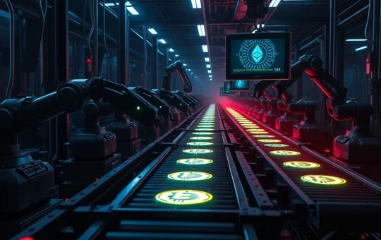 AI-powered industrial-scale crypto theft factory processing digital currency with deepfake technology