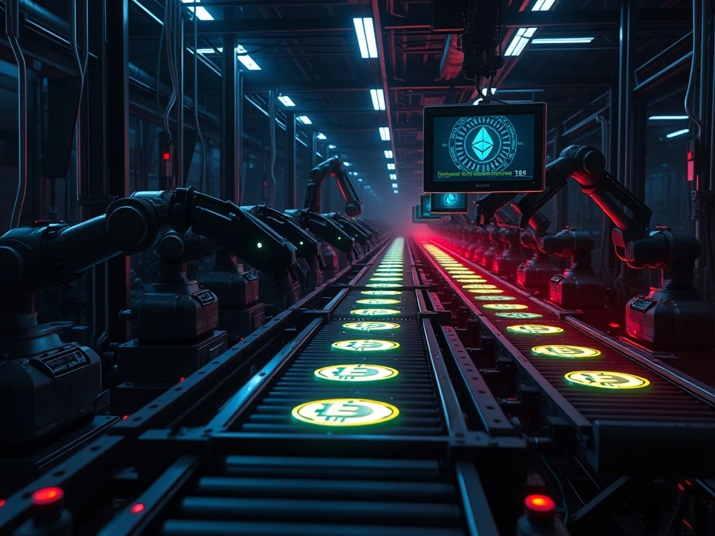 AI-powered industrial-scale crypto theft factory processing digital currency with deepfake technology