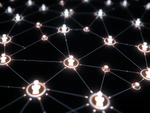 AI swarms forming a coordinated network to evade online manipulation detection and influence public discourse.