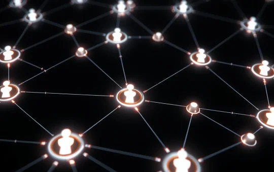 AI swarms forming a coordinated network to evade online manipulation detection and influence public discourse.