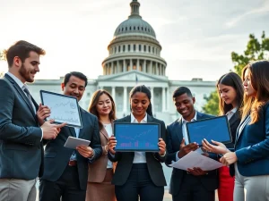Crypto fellowship participants collaborating in front of US Capitol building for blockchain policy development