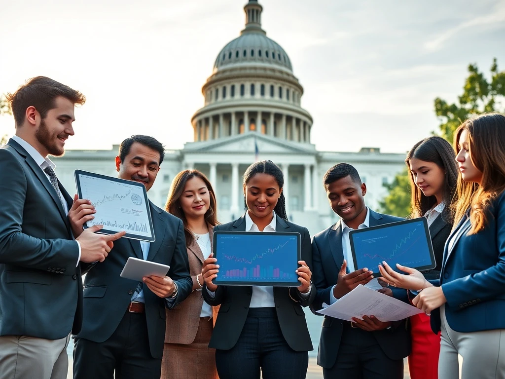 Crypto fellowship participants collaborating in front of US Capitol building for blockchain policy development