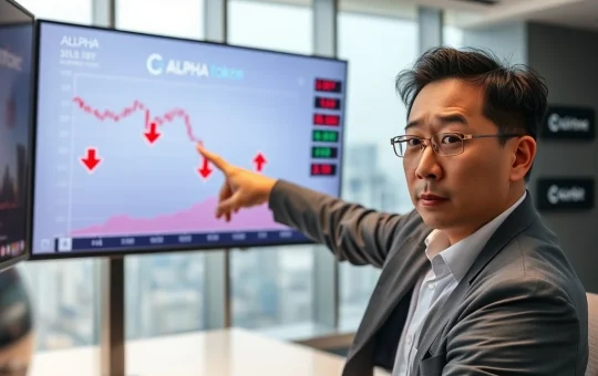 Financial analyst reviewing ALPHA token warning from Coinone and Korbit exchanges in Seoul office