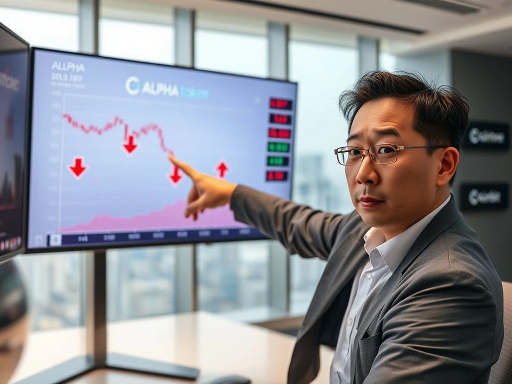 Financial analyst reviewing ALPHA token warning from Coinone and Korbit exchanges in Seoul office