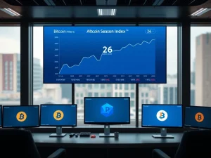 Data visualization showing the Altcoin Season Index at 26, indicating Bitcoin's current market strength over altcoins.