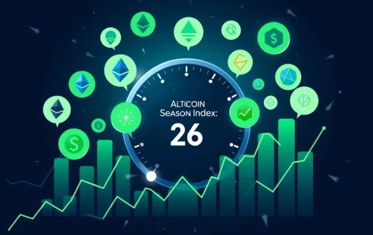 Altcoin Season Index gauge showing a score of 26 amidst rising cryptocurrency charts