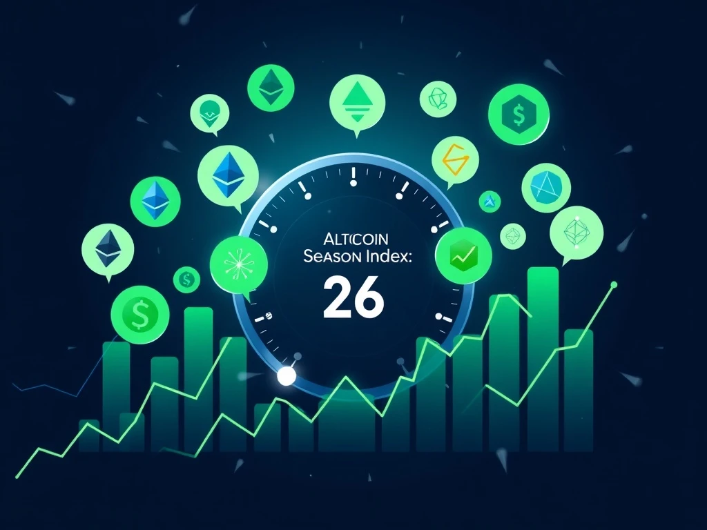 Altcoin Season Index gauge showing a score of 26 amidst rising cryptocurrency charts