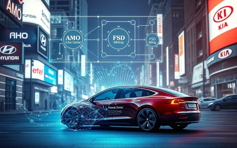 AMO Block roadmap visualizes Tesla vehicle data flowing into a blockchain network for the 2026 Drive-to-Earn 2.0 initiative.